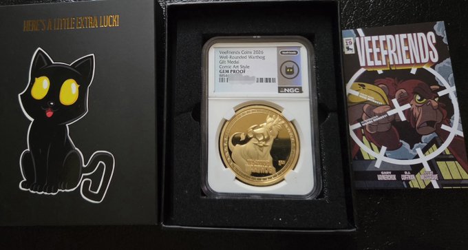 A Veefriends Comic Art Series Gold Proof coin (Veefriends Coin 2024) is displayed in a black case next to its packaging featuring a black cat and a comic book.