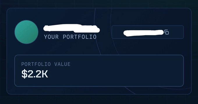 A screenshot of a portfolio dashboard showing a total portfolio value of $2.2K, which visually confirms the poster's claim of growing from $200 to $2.2K in one day. The username has been scribbled out for privacy, but the achievement aligns with the post's claim of significant early gains.