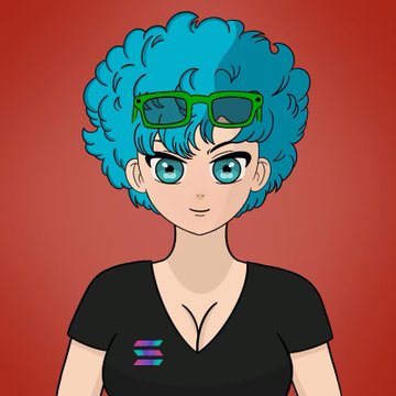 An anime-style illustration of a girl with curly blue hair, green sunglasses perched on her head, and a black t-shirt against a red background.