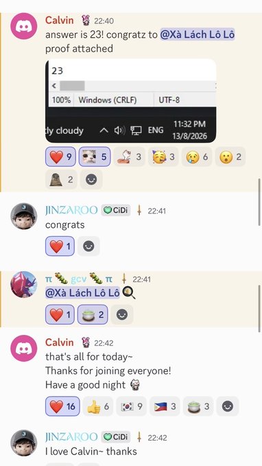 Discord chat screenshot showing "Calvin" announcing "answer is 23! congratz to @Xã Lách Lỗ Lỗ" with a code screenshot proof, followed by congratulations from "JINZAROO" and "π🥒gcv🍅π", ending with Calvin thanking participants for tonight's quiz, with JINZAROO replying "I love Calvin~ thanks."