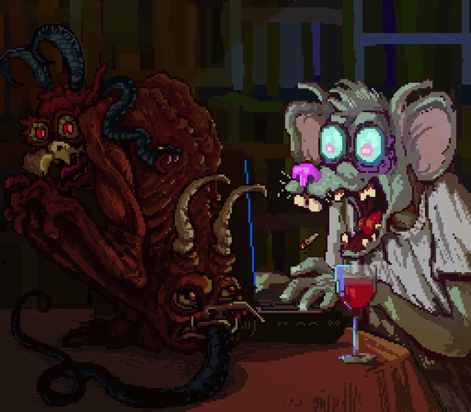 A pixel art image featuring a grotesque, multi-eyed rat-like creature drooling pink liquid next to a dark red demon or monster with tentacles. They are seated at a table with a wine glass.