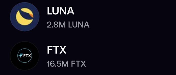 A crypto wallet display showing holdings of 2.8M LUNA and 16.5M FTX tokens, humorously highlighting that both projects collapsed spectacularly—Terra/LUNA crashed in 2022 wiping out billions, and FTX infamously imploded later that same year in a major fraud scandal.