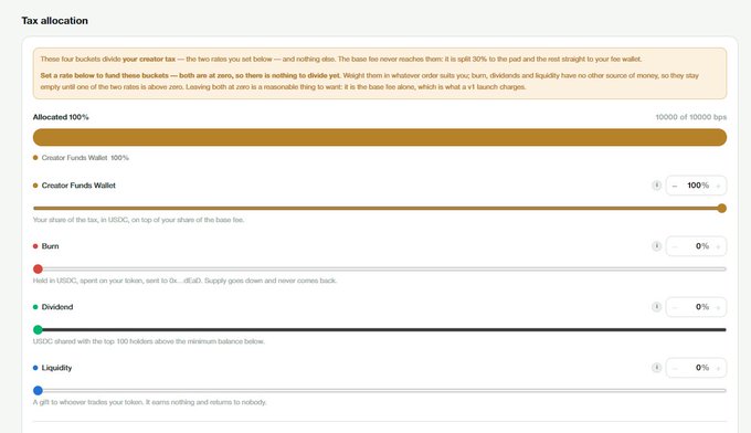 A "Tax allocation" interface showing 100% of 10000 tokens allocated to the Creator Funds Wallet, with Burn, Dividend, and Liquidity all set to 0%.