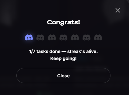 A pop-up congratulates the user with "Congrats!" and shows "1/7 tasks done — streak's alive. Keep going!" alongside a row of seven ghost icons with one highlighted blue, illustrating the start of a 7-day task streak featured in the Voice.fun Social Camp promotion.