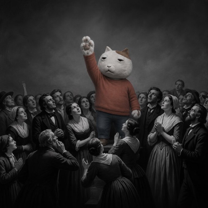 A desaturated crowd in 19th-century dress gazes reverently up at a costumed cat mascot in a red sweater raising its fist, evoking the imagery of a passionate rally or revival meeting that the poster humorously frames as a "cult-like" devotion to the $Ket ticker.