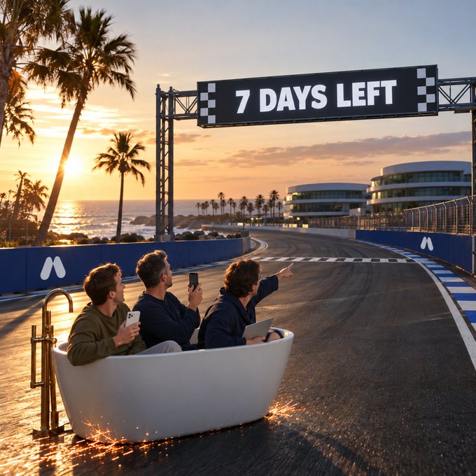 A countdown banner reading "7 DAYS LEFT" arches over a racetrack where three people sit in a bathtub, highlighting the urgency to trade and secure a spot on the leaderboard for the $10M prize pool. The scene blends leisure with competition, symbolizing the race against time to claim victory in the Infinity Arena event.