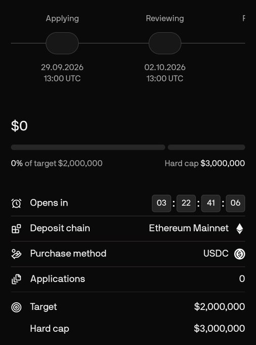 A crypto launchpad interface showing a project in the 'Applying' and 'Reviewing' phases, with a target of $2,000,000 and hard cap of $3,000,000 on Ethereum Mainnet using USDC.
