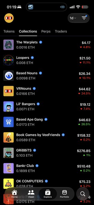 A mobile app screenshot showing an NFT collections list including The Warplets ($4.17), Loopers ($21.50), Based Nouns ($26.34), and VRNouns ($44.62) with their ETH prices and percentage changes.
