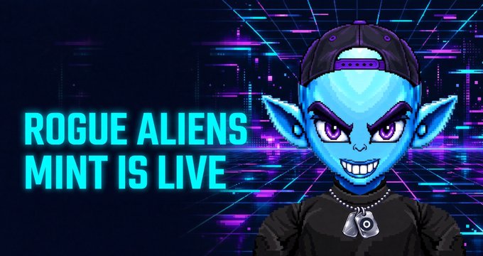 A promotional graphic with a retro-futuristic neon aesthetic featuring a blue-skinned alien character wearing a backward cap and a chain with a 'Z' pendant. The text reads 'ROGUE ALIENS MINT IS LIVE'.