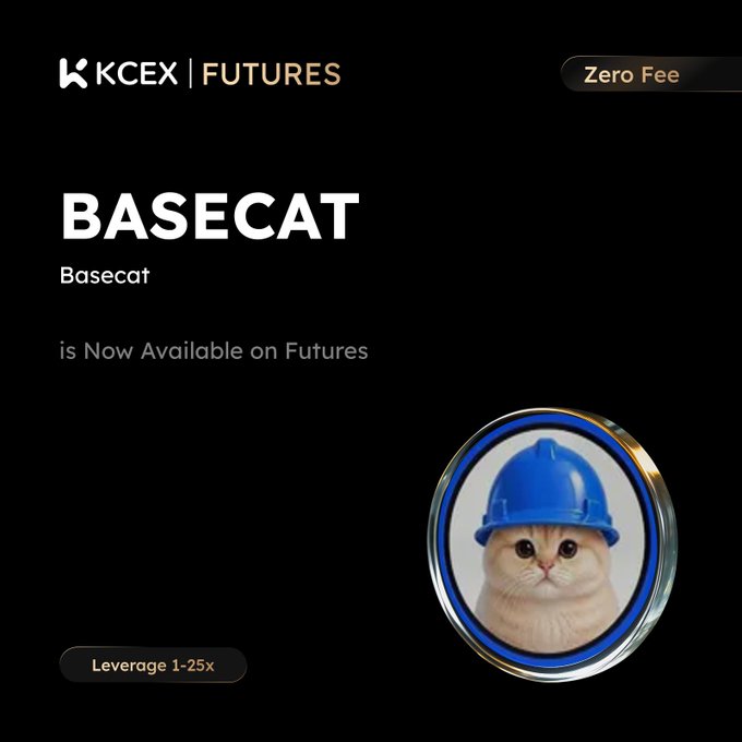 A black promotional announcement from KCEX FUTURES stating 'BASECAT is Now Available on Futures' with Zero Fee, Leverage 1-25x, and a logo featuring a cat wearing a blue construction hard hat.