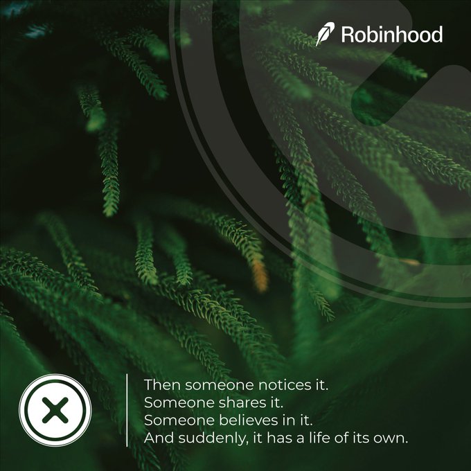A Robinhood advertisement featuring a close-up of green fern-like plants with text reading "Then someone notices it. Someone shares it. Someone believes in it. And suddenly, it has a life of its own."
