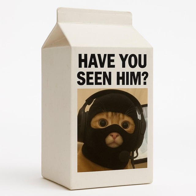 The image features a white cardboard box with an orange cat wearing a black mask, giving it the appearance of being a cat from the movie "ZERO RUG" or possibly a character from the video game "Catwifmask". The cat is sitting in front of a sign that reads "Have you seen him?". This suggests that someone has created this image to promote a product related to the movie, game, or character.