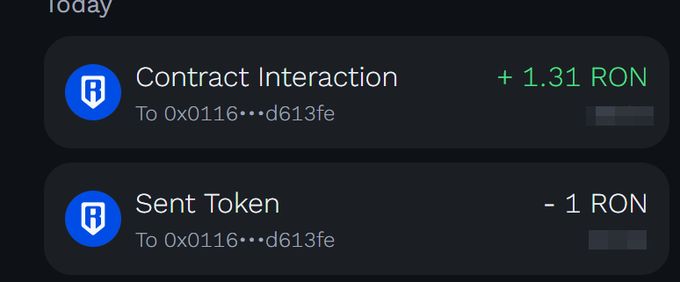 A cryptocurrency wallet interface shows two transactions: a Contract Interaction receiving +1.31 RON and a Sent Token transaction for -1 RON, both addressed to 0x0116…d613fe.