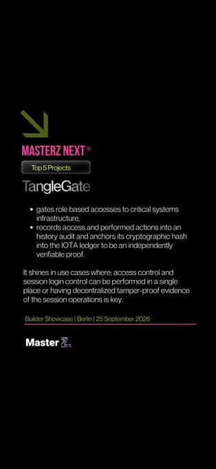 A dark screen displaying text about 'TangleGate' under 'MASTERZ NEXT' and 'Top 5 Projects', noting its use of role-based access and cryptographic hash logging, and mentioning 'Builder Showcase | Berlin | 25 September 2026' with a 'MasterZ' logo at the bottom.