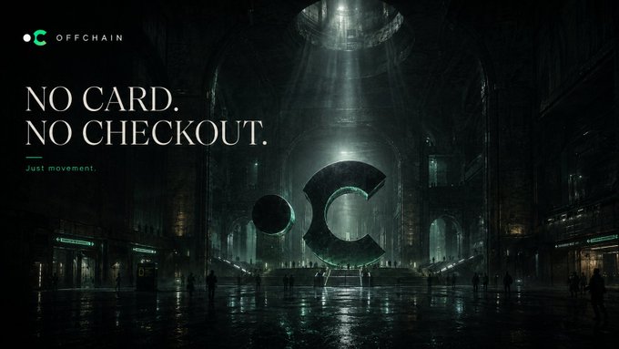 Dark promotional graphic for 'OFFCHAIN' featuring a large 'C' logo and the slogan 'NO CARD. NO CHECKOUT. Just movement.'