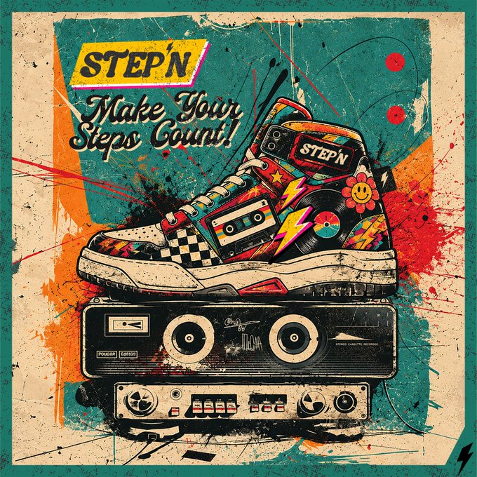 A vintage-style retro poster featuring a colorful sneaker on top of a cassette tape and stereo receiver, with text reading 'STEP'N Make Your Steps Count!'.