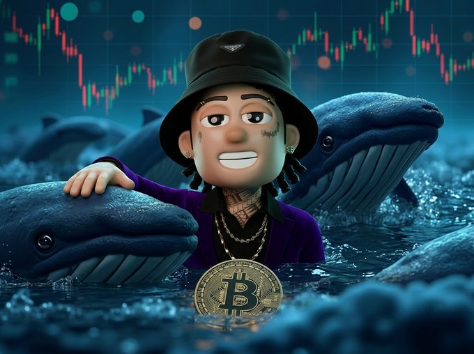 A stylized 3D animated cartoon character wearing a bucket hat and gold chains, surrounded by whales in dark blue water, with a Bitcoin (₿) coin prominently displayed in the foreground and a red candlestick trading chart in the background.