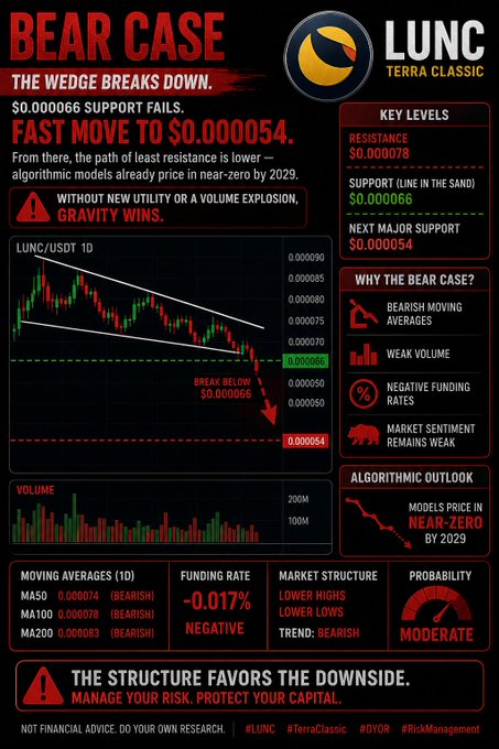 A 'BEAR CASE' infographic for LUNC (Terra Classic) showing a descending wedge breakdown, key resistance at $0.000078, support at $0.000066, and a target of $0.000054 with bearish indicators.