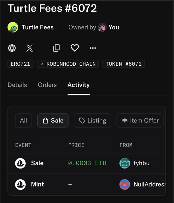 An NFT marketplace activity page for 'Turtle Fees #6072' on the Robinhood Chain shows a recent sale for 0.0003 ETH.