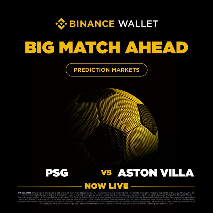 The image is a Binance Wallet promotional graphic featuring a yellow soccer ball with "BIG MATCH AHEAD" and "PREDICTION MARKETS" headlines, announcing the PSG vs Aston Villa Super Cup matchup now live for prediction market trading. The dark, bold design with Binance's signature gold accents reinforces the post's call to analyze the match and trade predictions on this elite clash.