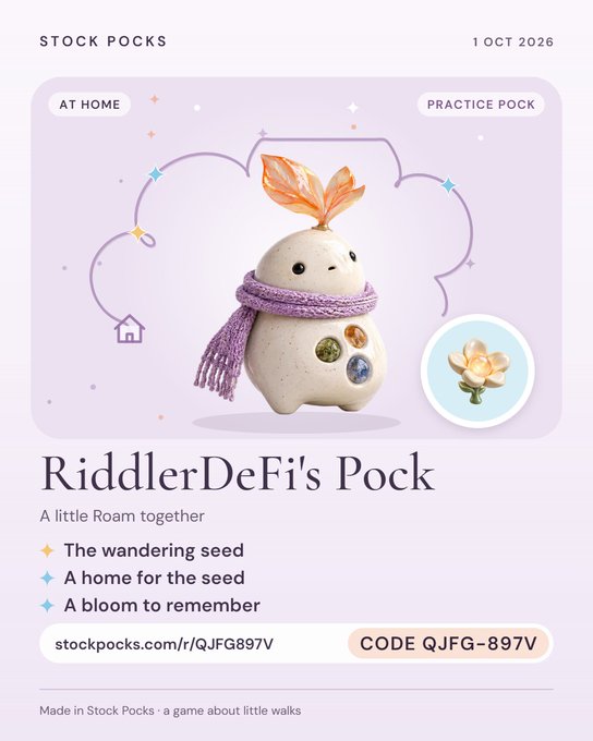 The image is a promotional card for Stock Pocks, dated 1 Oct 2026, featuring "RiddlerDeFi's Pock" — a small white creature with orange leaves on its head and a purple scarf, tagged as "At Home" and "Practice Pock." It highlights three discoveries ("The wandering seed," "A home for the seed," and "A bloom to remember") and includes the referral link stockpocks.com/r/QJFG897V with code QJFG-897V, matching the post's call-to-action for a Genesis whitelist spot.