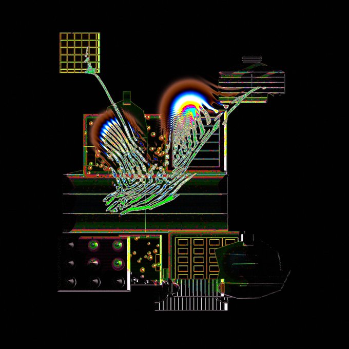 A psychedelic digital art piece featuring a large, iridescent hummingbird in mid-flight against a black background, surrounded by abstract glitch-art elements including grids, bars, and colorful light distortions.