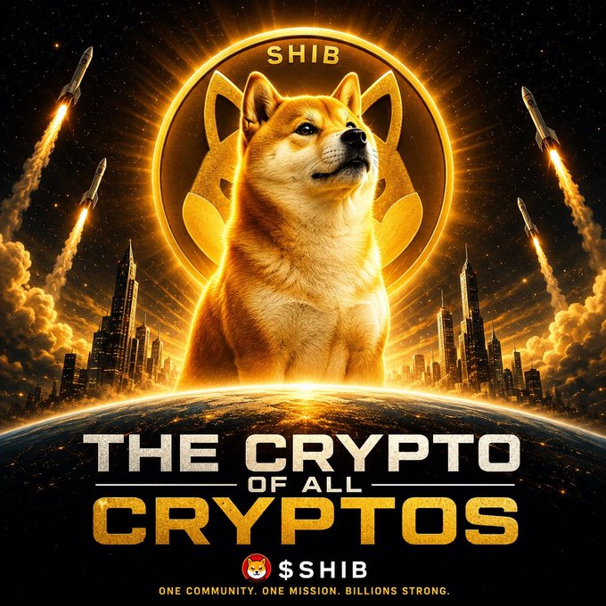 The image features a majestic Shiba Inu dog set against a cosmic backdrop with rockets launching skyward and a futuristic city skyline, encircled by a glowing "SHIB" emblem, with bold text declaring "THE CRYPTO OF ALL CRYPTOS" and "$SHIB - ONE COMMUNITY. ONE MISSION. BILLIONS STRONG." The artwork visually reinforces the post's message by depicting SHIB as a powerful, world-conquering force—elevated from a meme to a global movement with unstoppable momentum.