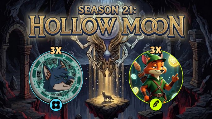 Game promotional banner reading "SEASON 21: HOLLOW MOON" showing two circular character icons labeled "3X" — a blue wolf head on the left and an orange fox archer on the right — against a dark cave backdrop with a wolf silhouette on a cliff.