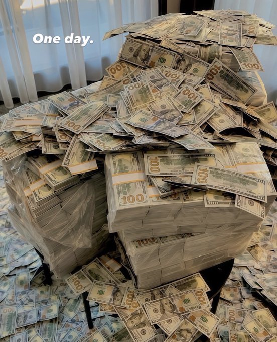 A massive pile of $100 bills stacked high and spilling across the floor, captioned "One day." — a bold "Gm traders" flex depicting the aspirational hustle of day trading and the dream of massive daily profits.