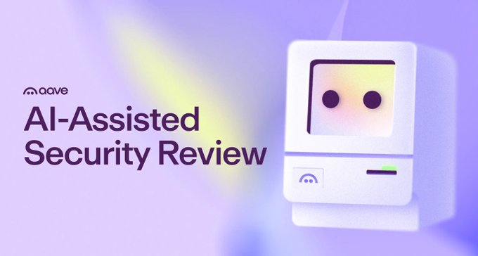 The image features the Aave logo alongside the text "AI-Assisted Security Review" next to a retro computer illustration with a purple-purple gradient background. The mascot character and tech aesthetic visually reinforce the post's message about Aave strengthening its protocol through enhanced, AI-powered security measures.