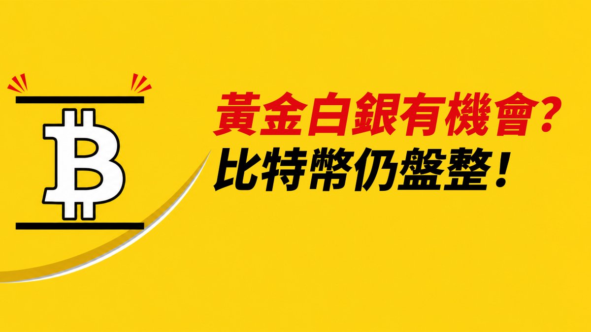 A yellow graphic with a Bitcoin logo on the left and Chinese text reading '黃金白銀有機會？比特幣仍盤整！' (Gold and silver have a chance? Bitcoin still consolidating!).