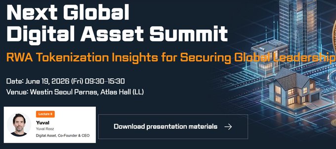 The image shows a presentation slide from an event called "Next Global Digital Asset Summit", which was held at venues in Seoul, South Korea, and Tokyo, Japan. The main focus of the presentation is on tokenization insights for securing global readership. The slide has a title that reads "Next Global Digital Asset Summit" and includes a photo of a city skyline with buildings. There are also some text elements such as "RTWA", "Tokenization Insights for Securing Global Readership", and "Date: June 19, 2026 at 09:30".