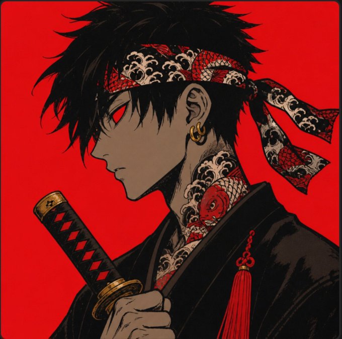 An anime-style illustration of a dark-haired male character with red eyes, wearing a wave-patterned headband and a black robe, holding a katana against a red background.