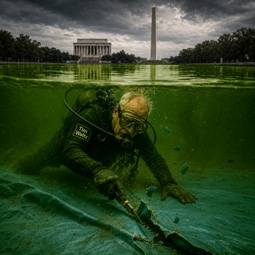 A split-level photo shows a scuba diver searching in murky green water in the foreground with the Lincoln Memorial and Washington Monument visible above the surface.