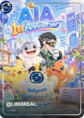 A '1st Anniversary' anime-style promotional card featuring Pokémon characters Pikachu and Rowlet alongside a dark-haired anime boy, with 'DeAgentAI' branding and the handle '@J1888REAL'.