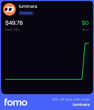 A Fomo app screenshot showing the 'luminara' token portfolio at $49.78 with a green price chart line showing a recent upward spike.