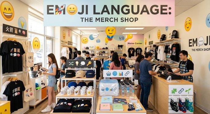 An interior view of a retail store called 'EMOJI LANGUAGE: THE MERCH SHOP,' filled with emoji-themed merchandise and yellow emoji balloons hanging from the ceiling.