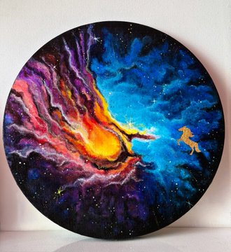 A circular painted artwork depicts a vibrant cosmic scene with swirling purples, blues, and a bright yellow nebula, featuring a small figure floating through the starry expanse.