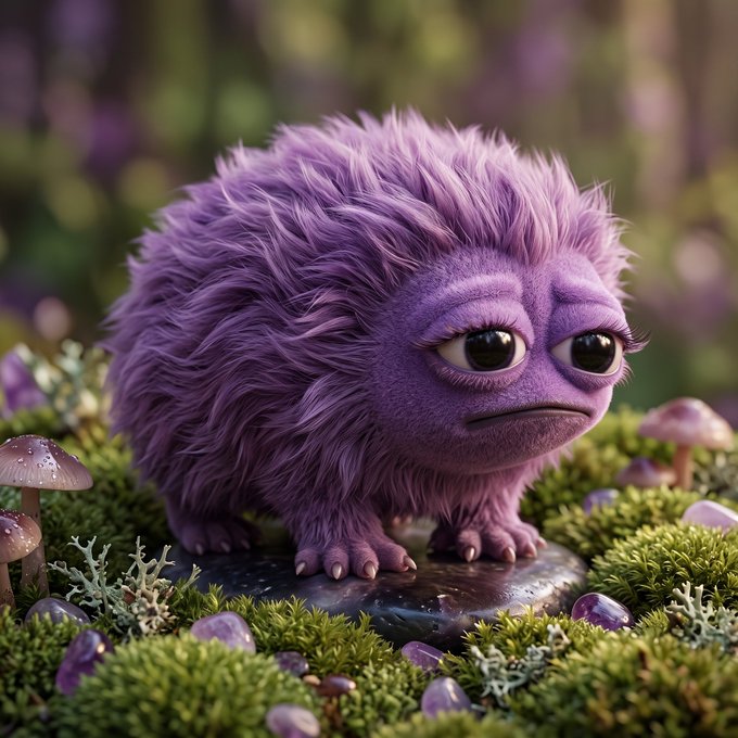 A 3D-rendered illustration of a cute, fuzzy purple creature with big eyes standing on a stone among moss, small mushrooms, and purple crystals in an enchanted forest setting.