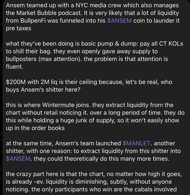 The image displays a multi-paragraph text post alleging that Ansem and a NYC media crew conducted a pump-and-dump scheme with the $ANSEM coin, using liquidity from BullenFi and market maker Wintermute to extract value through a secondary token called $MANLET. It claims the chart's value is illusory, with diminishing liquidity benefiting only the "cabals" while the $200M market cap with 2M liquidity is described as the ceiling for the scheme.
