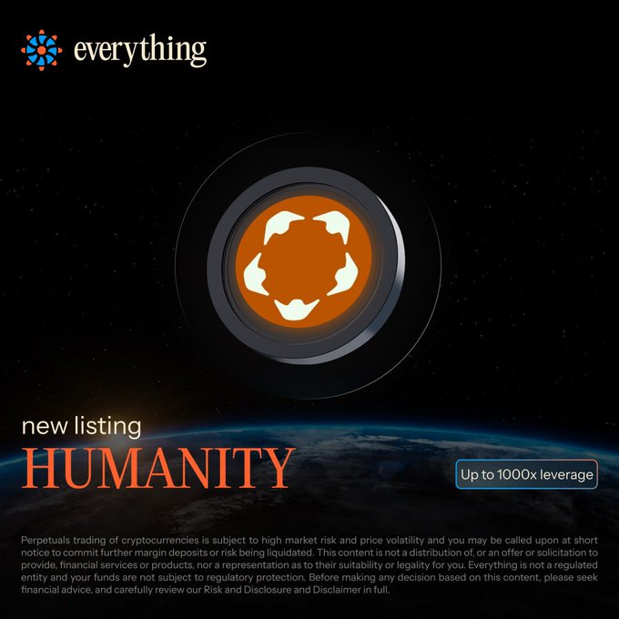The image features a poster with an orange circle containing four white circles, which are depicted as human hands holding up a globe. The poster also includes text that reads "New listing Humanity" and "Up to 1000x leverage". This suggests that there is a new listing for a token called "Humanity", which could be related to cryptocurrency or trading in general.