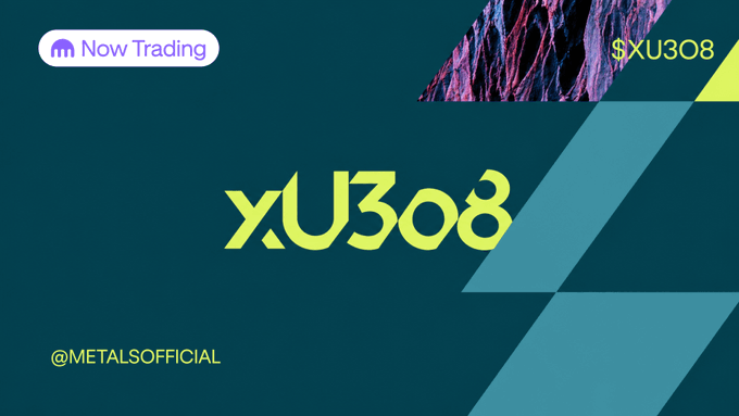 The image shows a promotional graphic featuring the "xU3O8" ticker prominently displayed in lime green text on a dark teal background, with a "Now Trading" badge in the top-left corner and "@METALSOFFICIAL" handle at the bottom, alongside decorative geometric shapes and a textured pink/blue element in the upper right. This graphic serves as a visual announcement for the newly launched xU3O8 token, which represents physical uranium ore concentrate (U₃O₈) stored by Cameco and structured on the Tezos blockchain via Archax, as promoted by @METALSOFFICIAL.