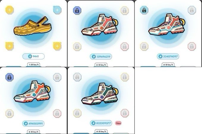 A grid of digital high-top sneakers is displayed in an app, showing various lock statuses and prices in a blue currency, including a yellow loafer and several mosaic-patterned designs.