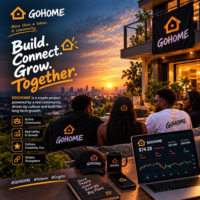 A promotional poster for '$GOHOME' crypto project featuring the tagline 'Build. Connect. Grow. Together.' and 'More than a token. A community.', showing a group of people watching a sunset over a city skyline, with various branded merchandise and a laptop displaying price data.