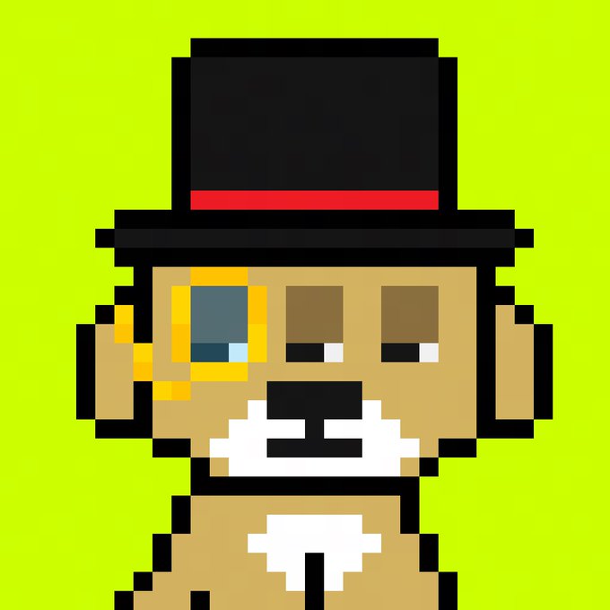 Pixel art illustration of a character with a black top hat with red band, sporting a mustache and an eye patch or monocle design, set against a green background.