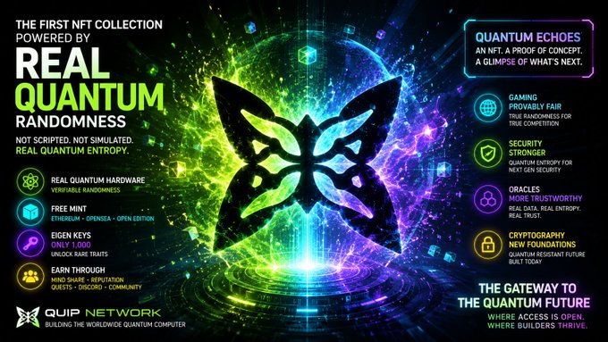 The image presents a poster for Quantum Echoes, an NFT project that is powered by real quantum computing. The centerpiece of the poster is a butterfly made out of circuits, representing the core technology behind Quantum Computing. The words "Quantum" are written in white letters on top and "Ethereum" is also displayed below it, reinforcing the connection to Ethereum. In addition to this main feature, the poster includes several other elements that provide more information about the project or its features - for example, "Real Quantum Randomness" and "Fire mints". The post seems to be advertising the NFT collection of projects, including Quantum Echoes.