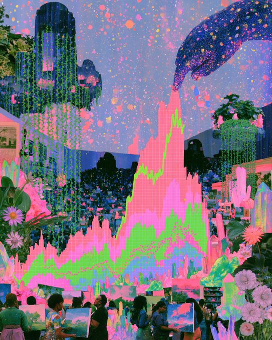 A vibrant, psychedelic digital artwork featuring neon pink and green splashes, hanging plants, flowers, and figures at the bottom appearing to hold up paintings in a surreal landscape.
