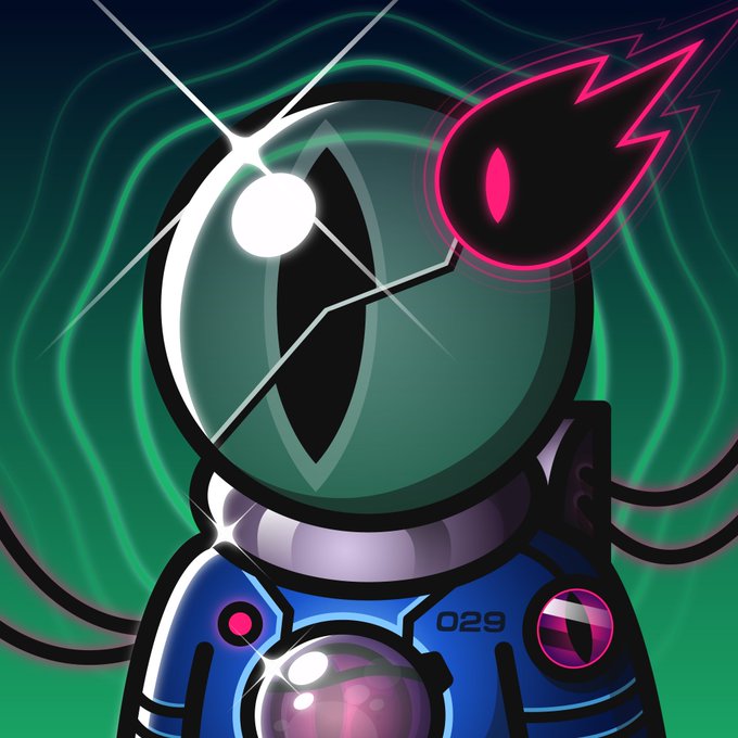 A vibrant digital illustration of a character with a large, glowing green eye and an X-shaped scar, wearing a futuristic blue suit with '029' written on it, alongside a floating black orb with a pink eye and lightning bolt, set against a swirling green background.
