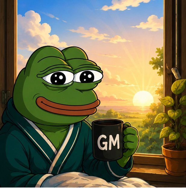 An illustrated Pepe the Frog character wearing a green robe and holding a black 'GM' mug sits by a window overlooking a sunny landscape with a potted plant.