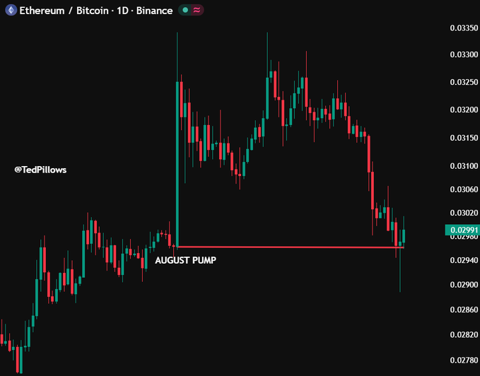 The image shows a daily candlestick chart of the Ethereum/Bitcoin (ETH/BTC) trading pair on Binance from @TedPillows, displaying a price level around 0.02991 with a horizontal support line marking the "AUGUST PUMP" at approximately 0.0295. The chart illustrates how ETH/BTC has retraced the entire August rally, with price touching back down to the breakout support level, visually supporting the caption's claim about a potential bullish rebound from this key support zone.